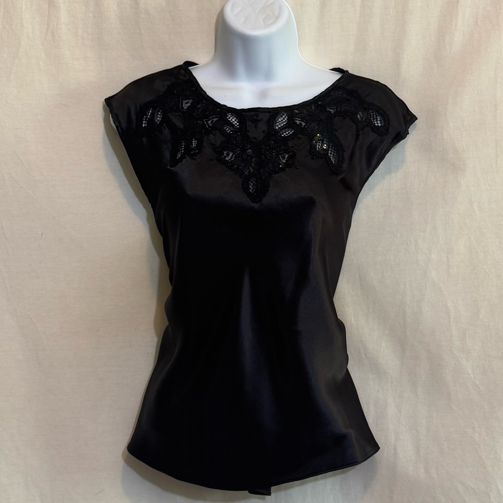 G-12 Escapades Black Lace & Beaded‎ Detail Sleeveless Pullover Blouse Size L